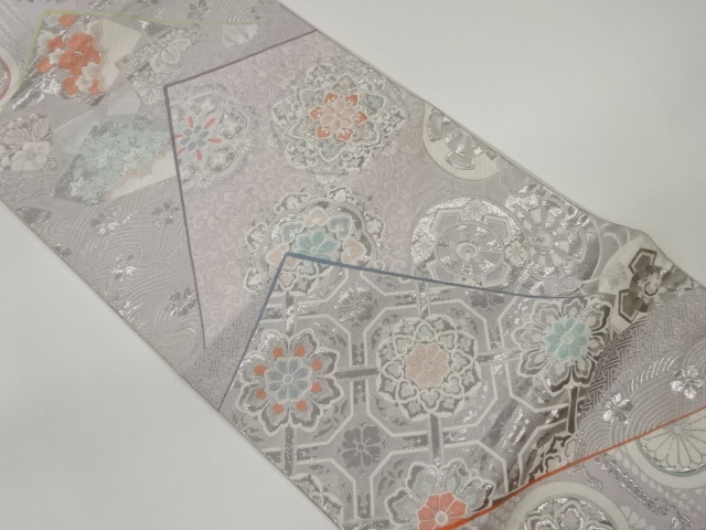 JAPANESE FUKURO OBI / PLATINUM FOIL / WOVEN FLOWER ARABESQUE